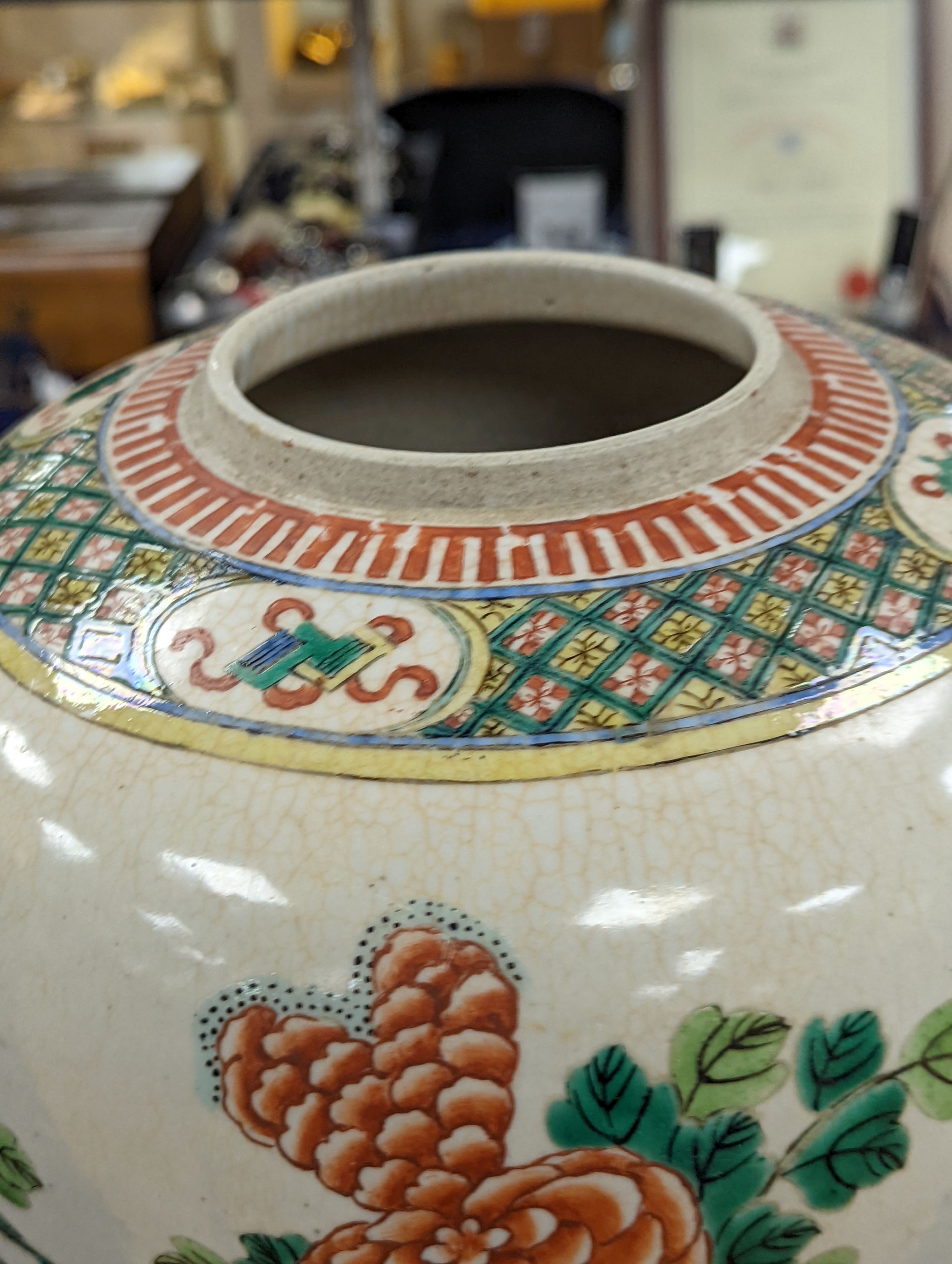 An early 20th century Chinese famille verte crackle glaze jar, 30cm